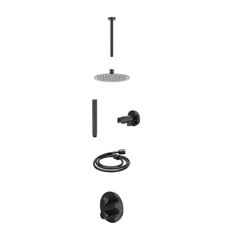 IVY Excl. inbouwbox regendoucheset inbouwthermostaatkraan met 2-weg stop-omstel, plafondbuis 30cm, R20cmSL, houder met uitlaat, doucheslang 150cm en staafmodel – Zwart chroom PVD