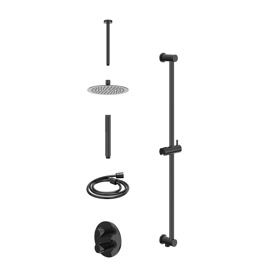 IVY Excl. inbouwbox regendoucheset inbouwthermostaatkraan met 2-weg stop-omstel, plafondbuis 30cm, R20cmSL, glijstang met uitlaat, doucheslang 150cm en staafmodel – Zwart chroom PV
