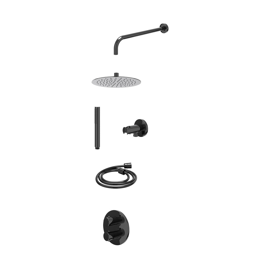 IVY Excl. inbouwbox regendoucheset inbouwthermostaatkraan met 2-weg stop-omstel, wandarm, R25cmSL, houder met uitlaat, doucheslang 150cm en staafmodel – Zwart chroom PVD