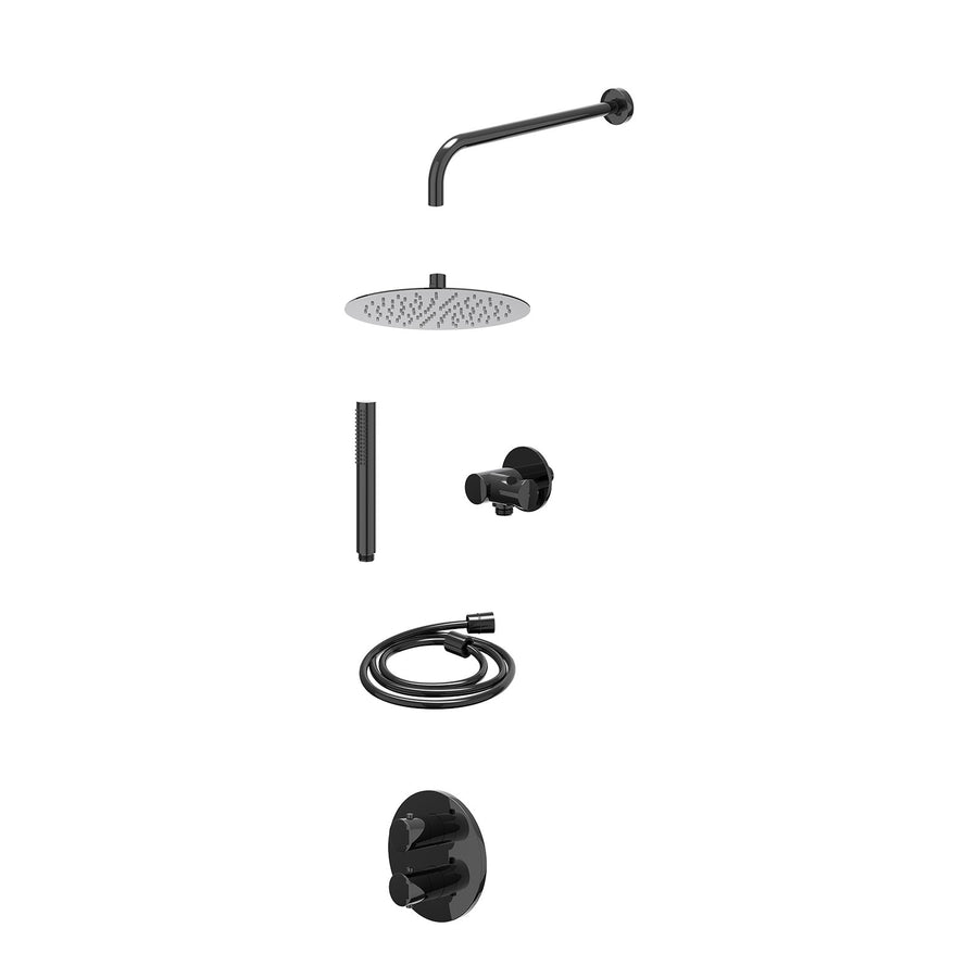 IVY Excl. inbouwbox regendoucheset inbouwthermostaatkraan met 2-weg stop-omstel, wandarm, R25cmSL, verstelbare steun met geïnt. uitlaat, doucheslang 150cm en staafmodel – Zwart chr