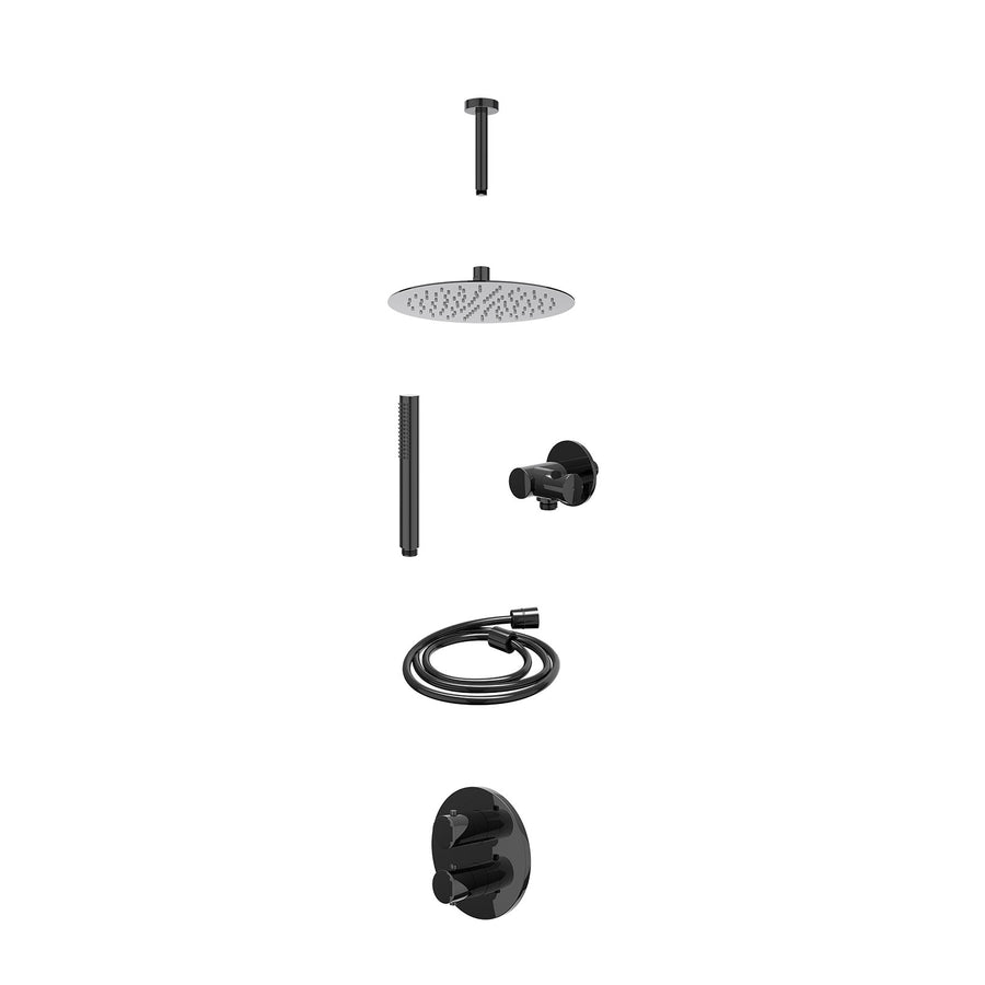 IVY Excl. inbouwbox regendoucheset inbouwthermostaatkraan met 2-weg stop-omstel, plafondbuis 15cm, R25cmSL, verstelbare steun met geïnt. uitlaat, doucheslang 150cm en staafmodel – 