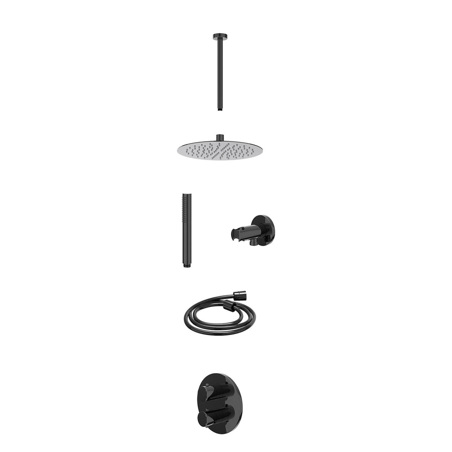 IVY Excl. inbouwbox regendoucheset inbouwthermostaatkraan met 2-weg stop-omstel, plafondbuis 30cm, R25cmSL, houder met uitlaat, doucheslang 150cm en staafmodel – Zwart chroom PVD
