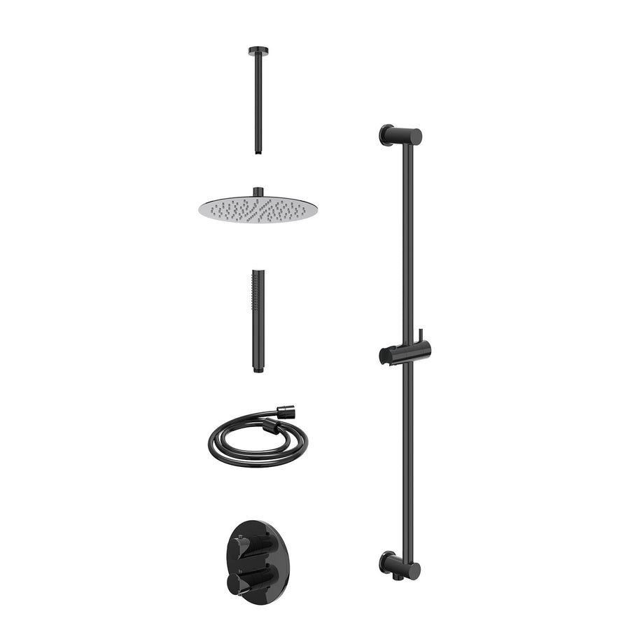 IVY Excl. inbouwbox regendoucheset inbouwthermostaatkraan met 2-weg stop-omstel, plafondbuis 30cm, R25cmSL, glijstang met uitlaat, doucheslang 150cm en staafmodel – Zwart chroom PV