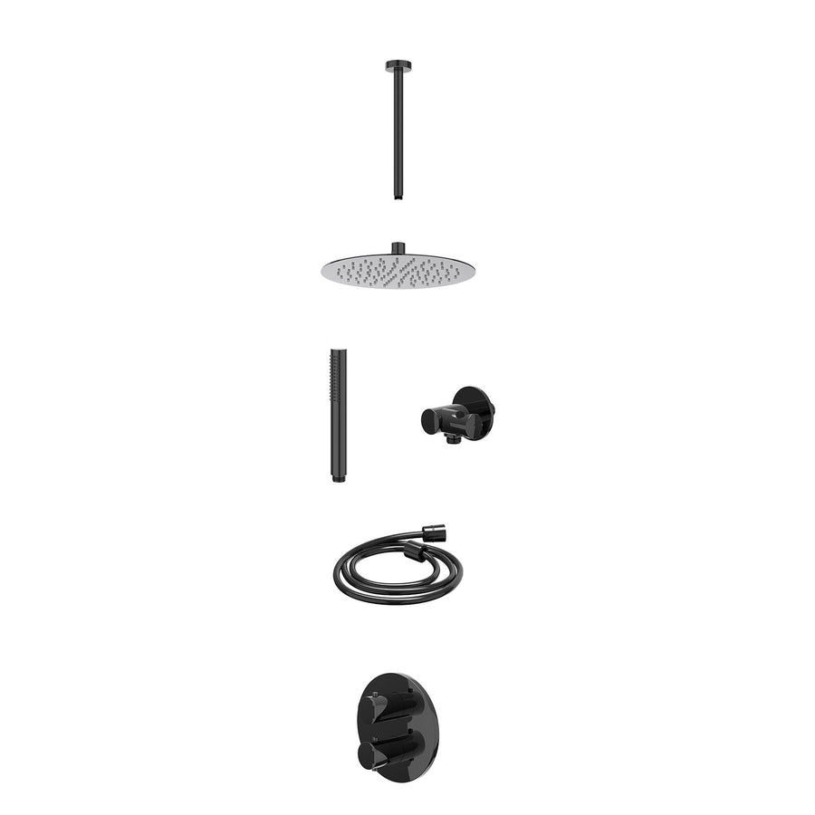 IVY Excl. inbouwbox regendoucheset inbouwthermostaatkraan met 2-weg stop-omstel, plafondbuis 30cm, R25cmSL, verstelbare steun met geïnt. uitlaat, doucheslang 150cm en staafmodel – 