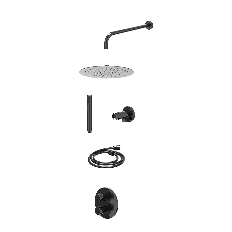 IVY Excl. inbouwbox regendoucheset inbouwthermostaatkraan met 2-weg stop-omstel, wandarm, R30cmSL, houder met uitlaat, doucheslang 150cm en staafmodel – Zwart chroom PVD