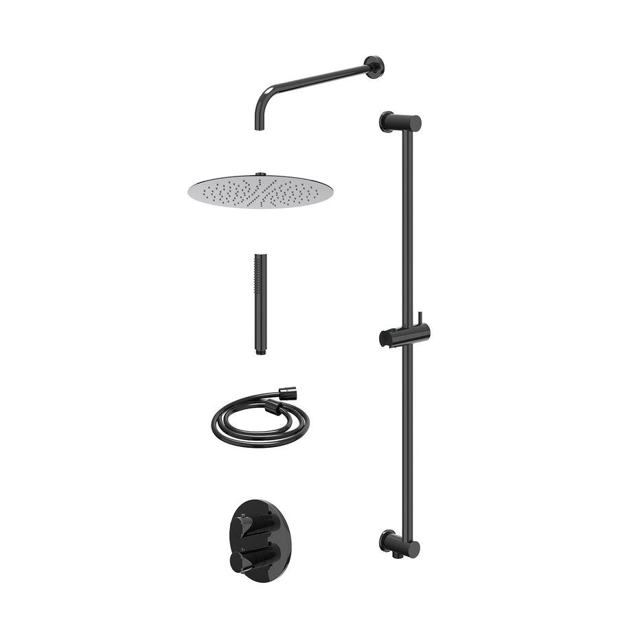 IVY Excl. inbouwbox regendoucheset inbouwthermostaatkraan met 2-weg stop-omstel, wandarm, R30cmSL, glijstang met uitlaat, doucheslang 150cm en staafmodel – Zwart chroom PVD