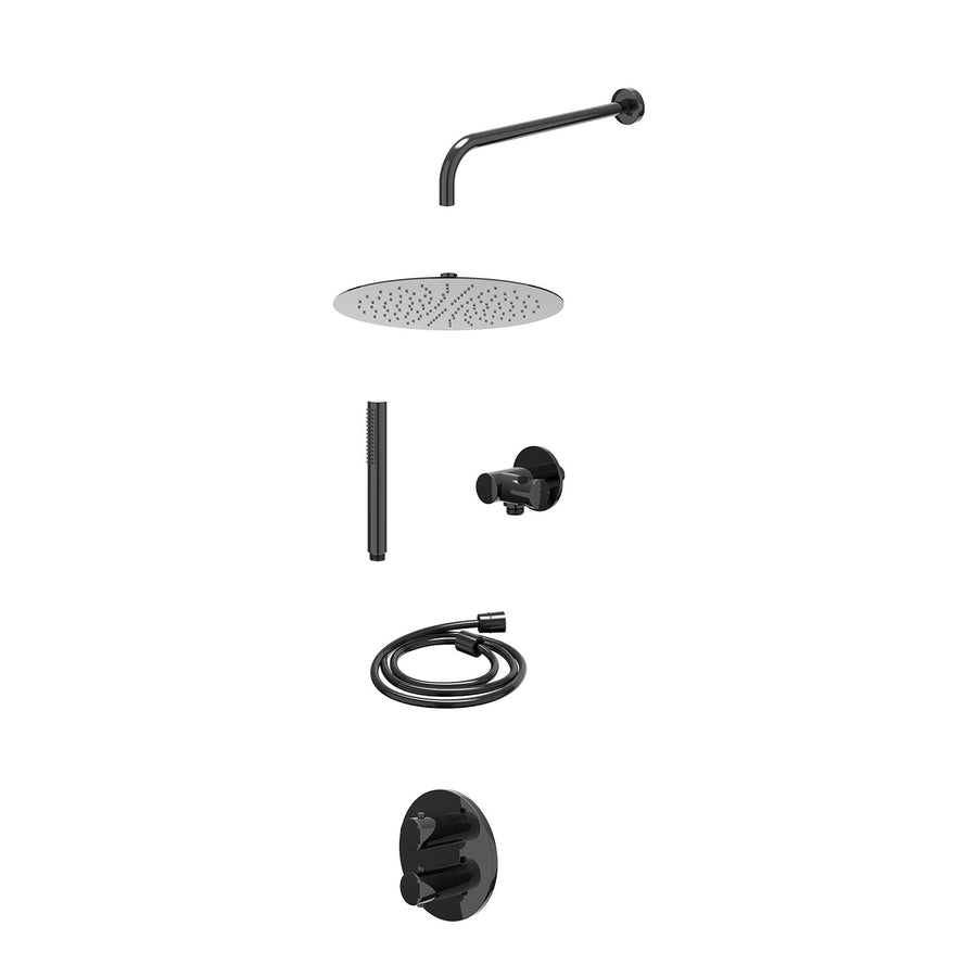 IVY Excl. inbouwbox regendoucheset inbouwthermostaatkraan met 2-weg stop-omstel, wandarm, R30cmSL, verstelbare steun met geïnt. uitlaat, doucheslang 150cm en staafmodel – Zwart chr
