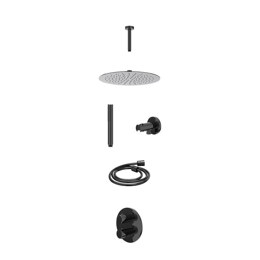 IVY Excl. inbouwbox regendoucheset inbouwthermostaatkraan met 2-weg stop-omstel, plafondbuis 15cm, R30cmSL, houder met uitlaat, doucheslang 150cm en staafmodel – Zwart chroom PVD