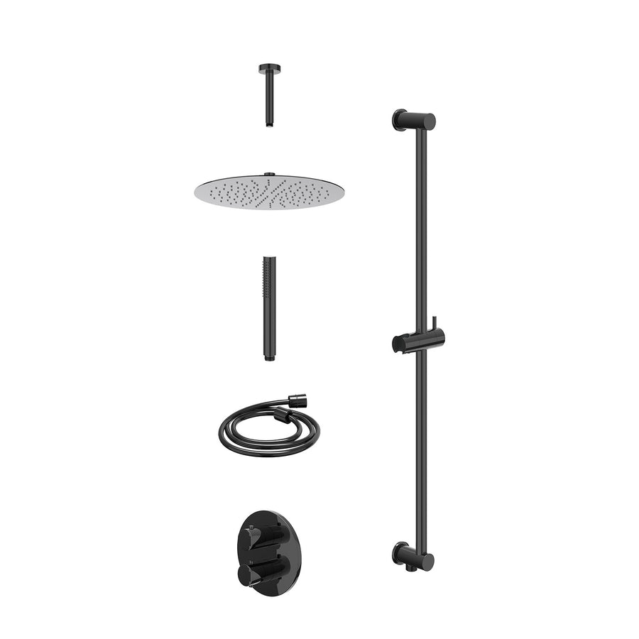 IVY Excl. inbouwbox regendoucheset inbouwthermostaatkraan met 2-weg stop-omstel, plafondbuis 15cm, R30cmSL, glijstang met uitlaat, doucheslang 150cm en staafmodel – Zwart chroom PV