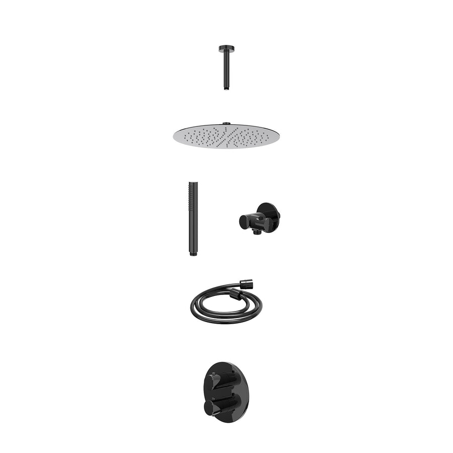 IVY Excl. inbouwbox regendoucheset inbouwthermostaatkraan met 2-weg stop-omstel, plafondbuis 15cm, R30cmSL, verstelbare steun met geïnt. uitlaat, doucheslang 150cm en staafmodel – 
