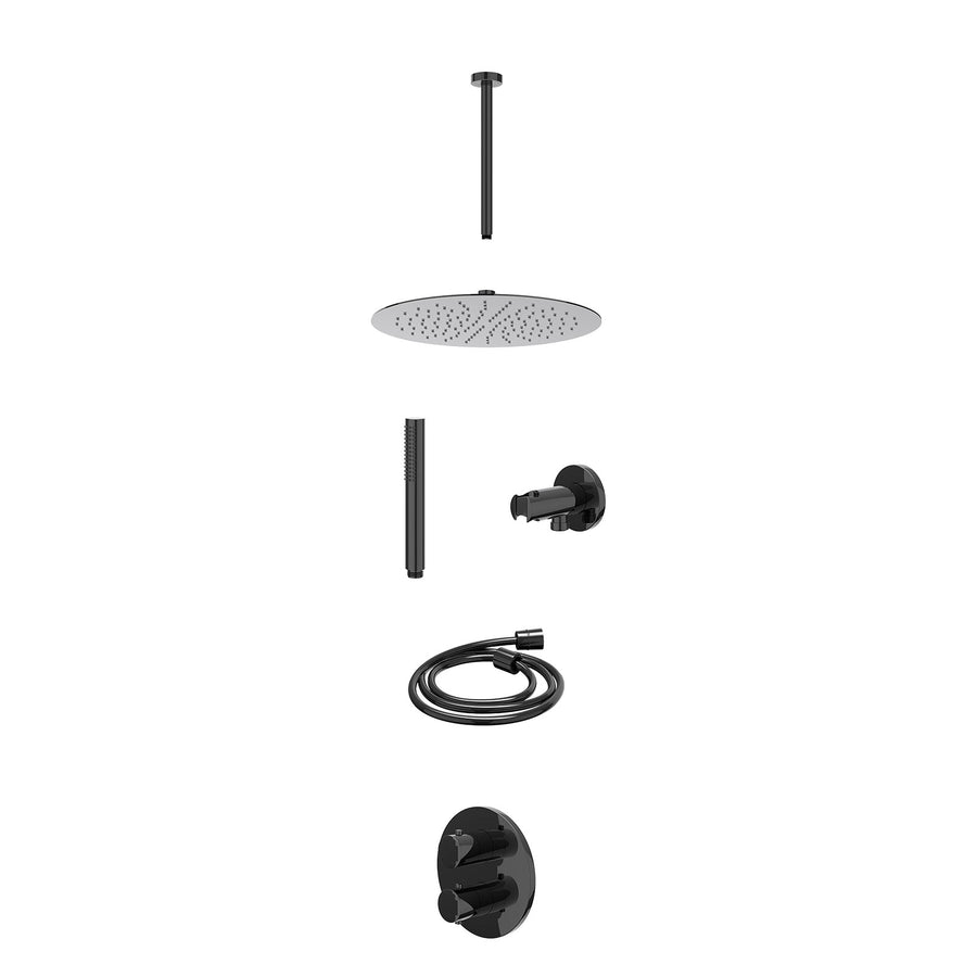 IVY Excl. inbouwbox regendoucheset inbouwthermostaatkraan met 2-weg stop-omstel, plafondbuis 30cm, R30cmSL, houder met uitlaat, doucheslang 150cm en staafmodel – Zwart chroom PVD