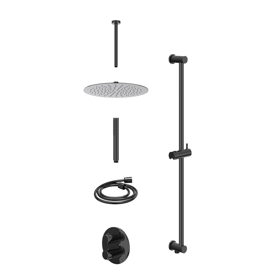 IVY Excl. inbouwbox regendoucheset inbouwthermostaatkraan met 2-weg stop-omstel, plafondbuis 30cm, R30cmSL, glijstang met uitlaat, doucheslang 150cm en staafmodel – Zwart chroom PV