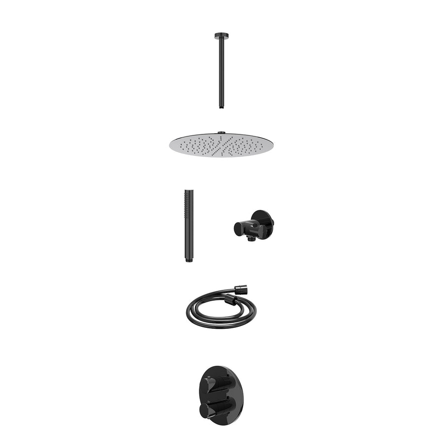 IVY Excl. inbouwbox regendoucheset inbouwthermostaatkraan met 2-weg stop-omstel, plafondbuis 30cm, R30cmSL, verstelbare steun met geïnt. uitlaat, doucheslang 150cm en staafmodel – 