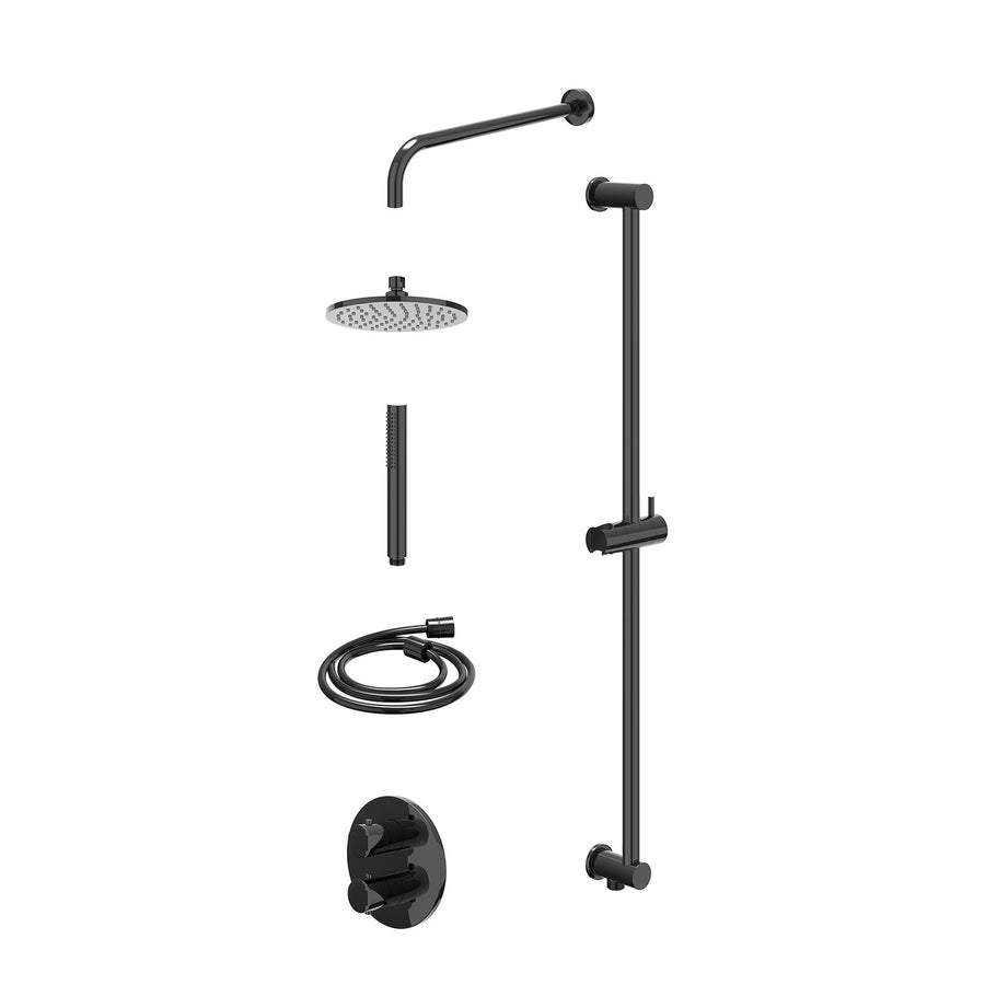 IVY Excl. inbouwbox regendoucheset inbouwthermostaatkraan met 2-weg stop-omstel, wandarm, R20cmME, glijstang met uitlaat, doucheslang 150cm en staafmodel – Zwart chroom PVD