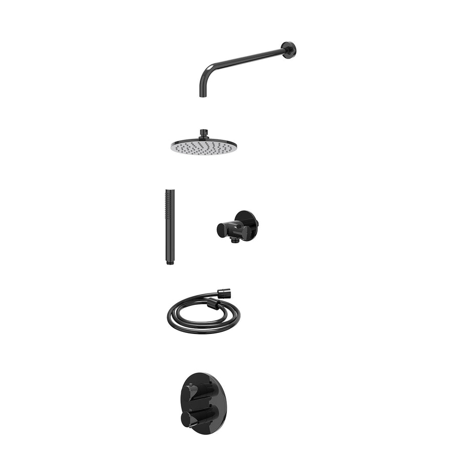 IVY Excl. inbouwbox regendoucheset inbouwthermostaatkraan met 2-weg stop-omstel, wandarm, R20cmME, verstelbare steun met geïnt. uitlaat, doucheslang 150cm en staafmodel – Zwart chr