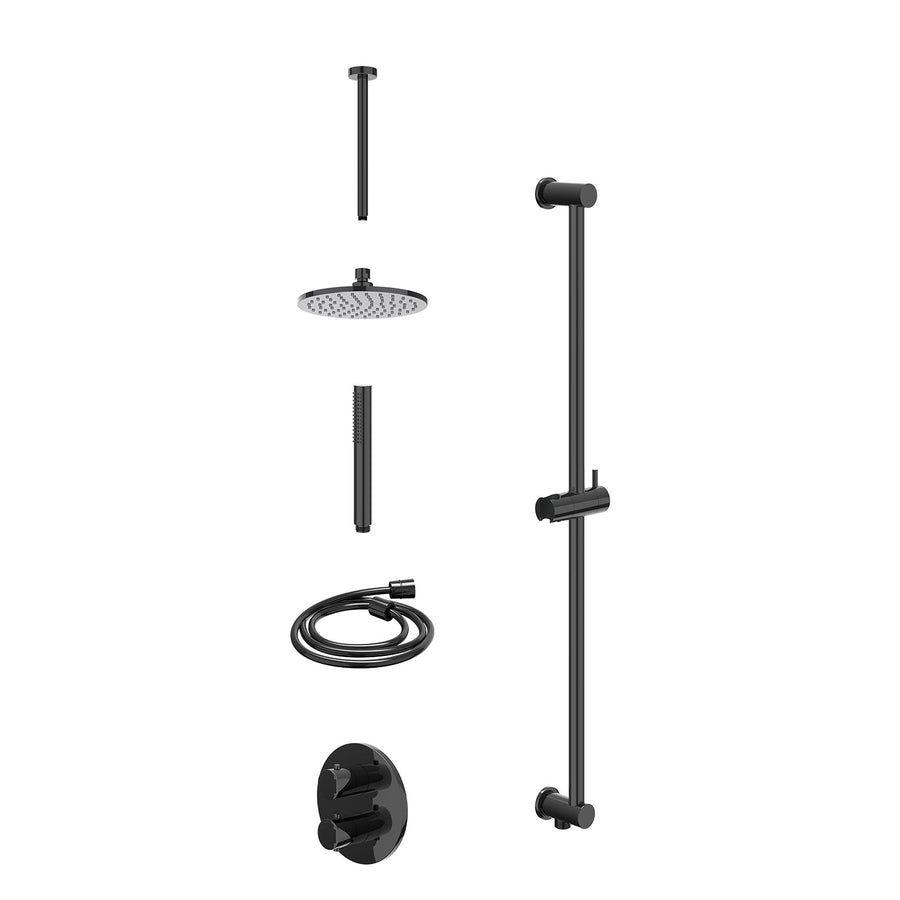 IVY Excl. inbouwbox regendoucheset inbouwthermostaatkraan met 2-weg stop-omstel, plafondbuis 30cm, R20cmME, glijstang met uitlaat, doucheslang 150cm en staafmodel – Zwart chroom PV