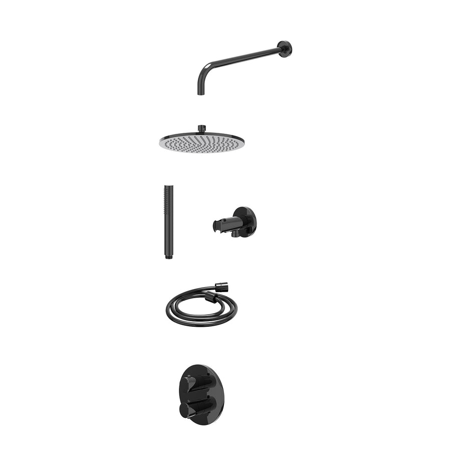 IVY Excl. inbouwbox regendoucheset inbouwthermostaatkraan met 2-weg stop-omstel, wandarm, R25cmME, houder met uitlaat, doucheslang 150cm en staafmodel – Zwart chroom PVD