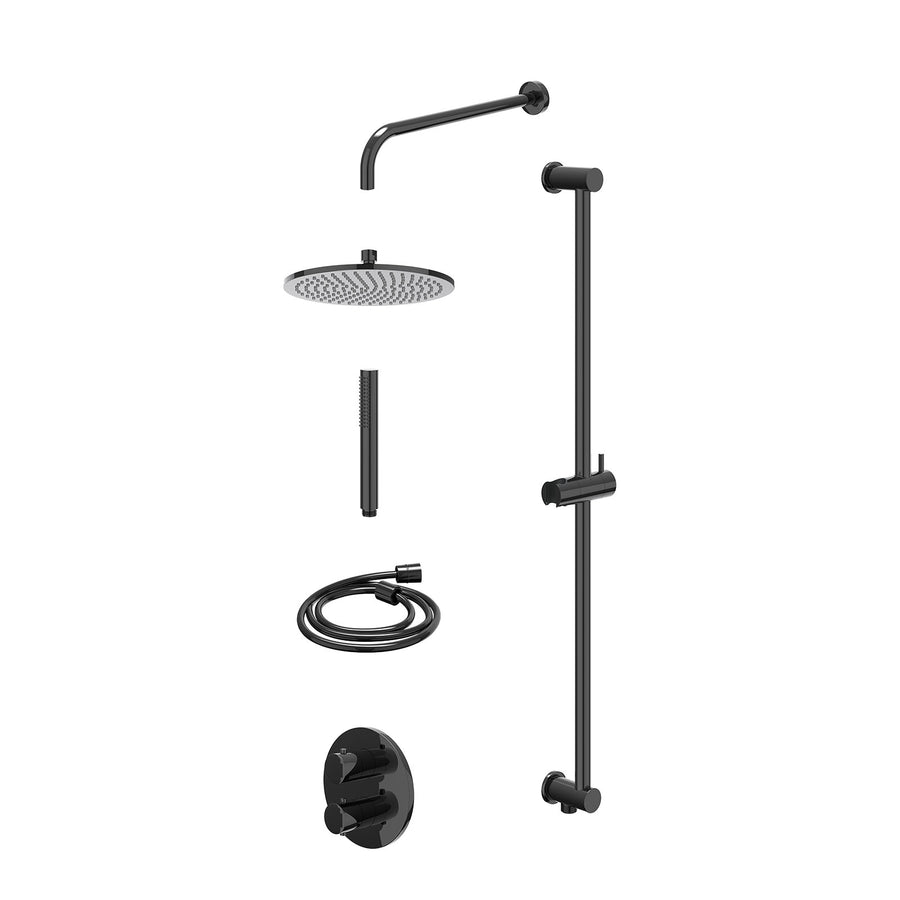 IVY Excl. inbouwbox regendoucheset inbouwthermostaatkraan met 2-weg stop-omstel, wandarm, R25cmME, glijstang met uitlaat, doucheslang 150cm en staafmodel – Zwart chroom PVD