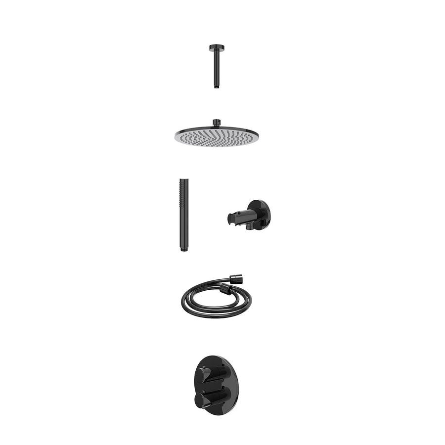 IVY Excl. inbouwbox regendoucheset inbouwthermostaatkraan met 2-weg stop-omstel, plafondbuis 15cm, R25cmME, houder met uitlaat, doucheslang 150cm en staafmodel – Zwart chroom PVD
