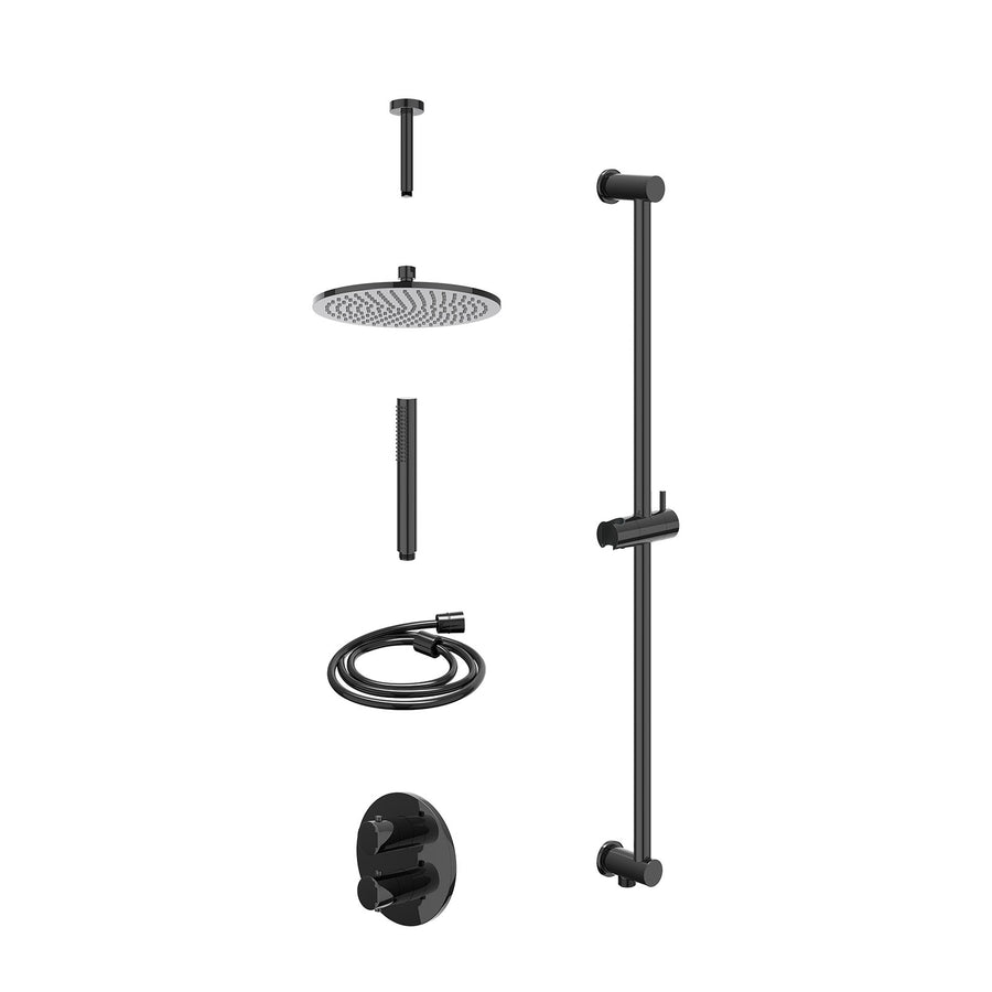 IVY Excl. inbouwbox regendoucheset inbouwthermostaatkraan met 2-weg stop-omstel, plafondbuis 15cm, R25cmME, glijstang met uitlaat, doucheslang 150cm en staafmodel – Zwart chroom PV