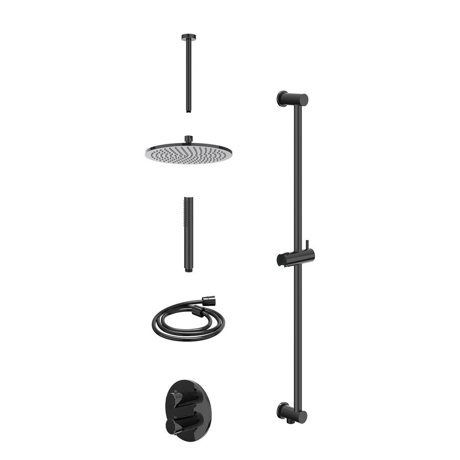 IVY Excl. inbouwbox regendoucheset inbouwthermostaatkraan met 2-weg stop-omstel, plafondbuis 30cm, R25cmME, glijstang met uitlaat, doucheslang 150cm en staafmodel – Zwart chroom PV