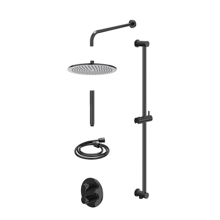 IVY Excl. inbouwbox regendoucheset inbouwthermostaatkraan met 2-weg stop-omstel, wandarm, R30cmME, glijstang met uitlaat, doucheslang 150cm en staafmodel – Zwart chroom PVD
