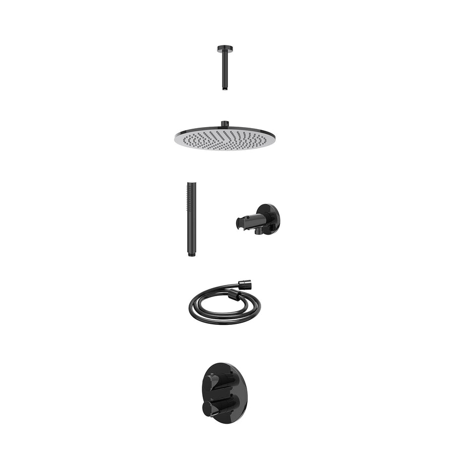 IVY Excl. inbouwbox regendoucheset inbouwthermostaatkraan met 2-weg stop-omstel, plafondbuis 15cm, R30cmME, houder met uitlaat, doucheslang 150cm en staafmodel – Zwart chroom PVD