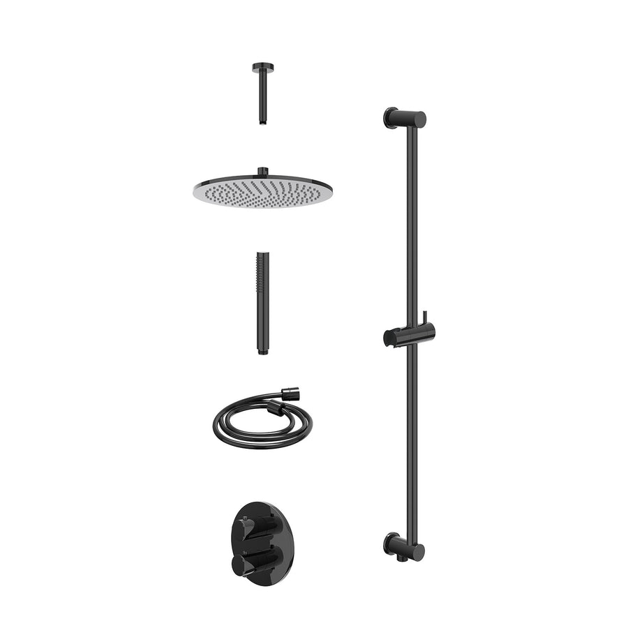 IVY Excl. inbouwbox regendoucheset inbouwthermostaatkraan met 2-weg stop-omstel, plafondbuis 15cm, R30cmME, glijstang met uitlaat, doucheslang 150cm en staafmodel – Zwart chroom PV