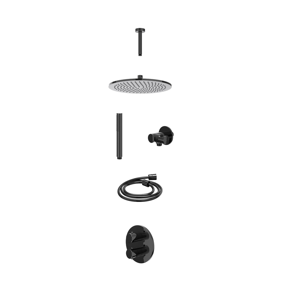 IVY Excl. inbouwbox regendoucheset inbouwthermostaatkraan met 2-weg stop-omstel, plafondbuis 15cm, R30cmME, verstelbare steun met geïnt. uitlaat, doucheslang 150cm en staafmodel – 