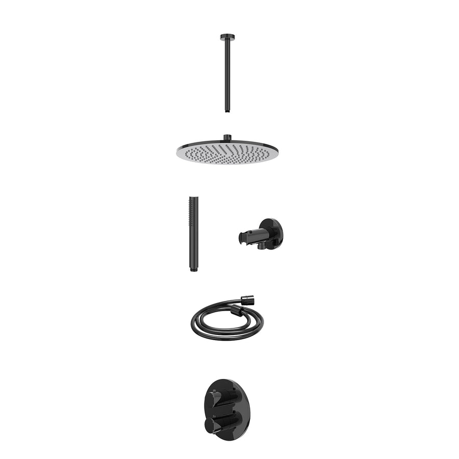 IVY Excl. inbouwbox regendoucheset inbouwthermostaatkraan met 2-weg stop-omstel, plafondbuis 30cm, R30cmME, houder met uitlaat, doucheslang 150cm en staafmodel – Zwart chroom PVD