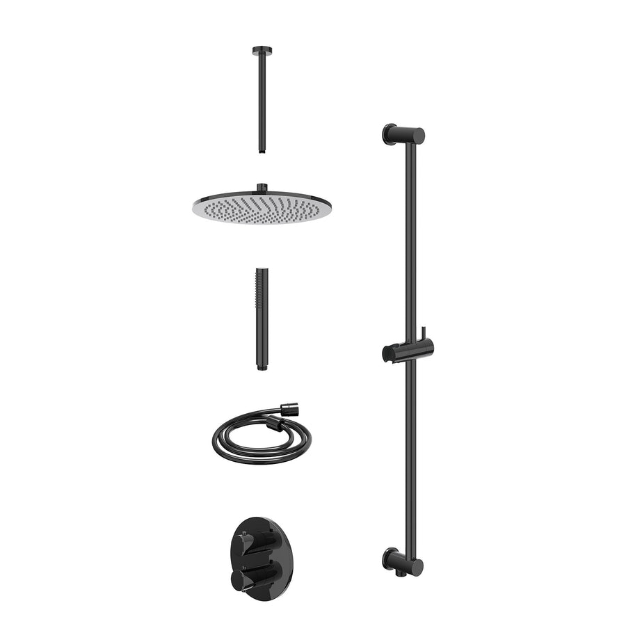 IVY Excl. inbouwbox regendoucheset inbouwthermostaatkraan met 2-weg stop-omstel, plafondbuis 30cm, R30cmME, glijstang met uitlaat, doucheslang 150cm en staafmodel – Zwart chroom PV