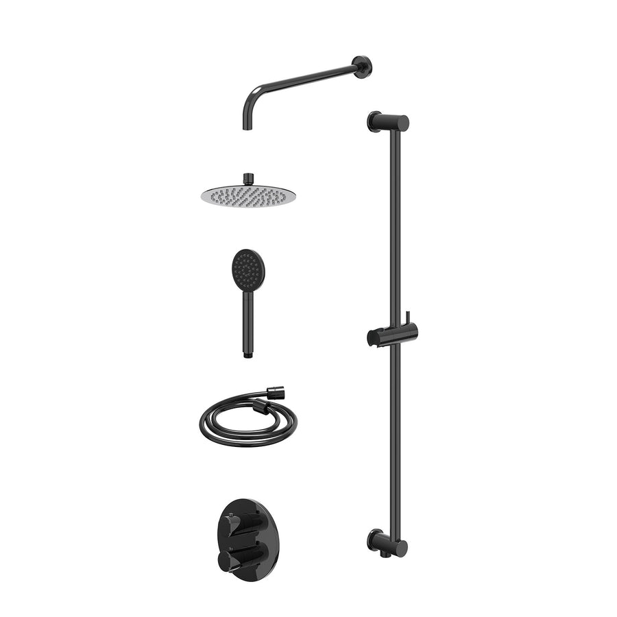 IVY Excl. inbouwbox regendoucheset inbouwthermostaatkraan met 2-weg stop-omstel, wandarm, R20cmSL, glijstang met uitlaat, doucheslang 150cm en satin spray handdouche – Zwart chroom