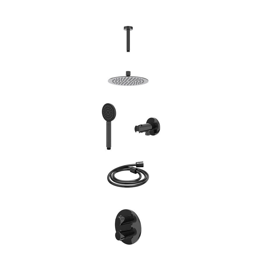 IVY Excl. inbouwbox regendoucheset inbouwthermostaatkraan met 2-weg stop-omstel, plafondbuis 15cm, R20cmSL, houder met uitlaat, doucheslang 150cm en satin spray handdouche – Zwart 