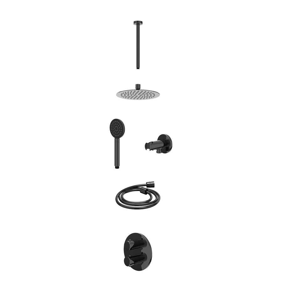 IVY Excl. inbouwbox regendoucheset inbouwthermostaatkraan met 2-weg stop-omstel, plafondbuis 30cm, R20cmSL, houder met uitlaat, doucheslang 150cm en satin spray handdouche – Zwart 