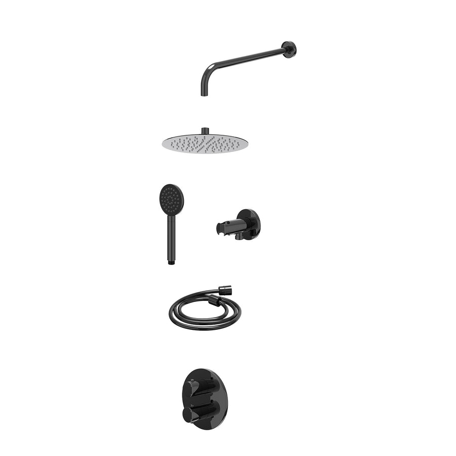 IVY Excl. inbouwbox regendoucheset inbouwthermostaatkraan met 2-weg stop-omstel, wandarm, R25cmSL, houder met uitlaat, doucheslang 150cm en satin spray handdouche – Zwart chroom PV