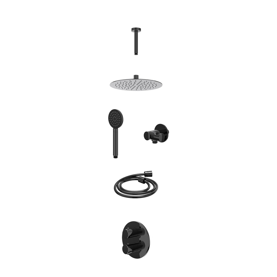 IVY Excl. inbouwbox regendoucheset inbouwthermostaatkraan met 2-weg stop-omstel, plafondbuis 15cm, R25cmSL, verstelbare steun met geïnt. uitlaat, doucheslang 150cm en satin spray h