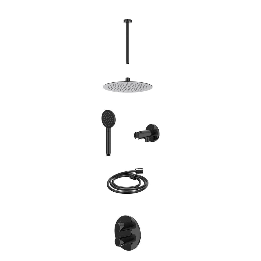 IVY Excl. inbouwbox regendoucheset inbouwthermostaatkraan met 2-weg stop-omstel, plafondbuis 30cm, R25cmSL, houder met uitlaat, doucheslang 150cm en satin spray handdouche – Zwart 