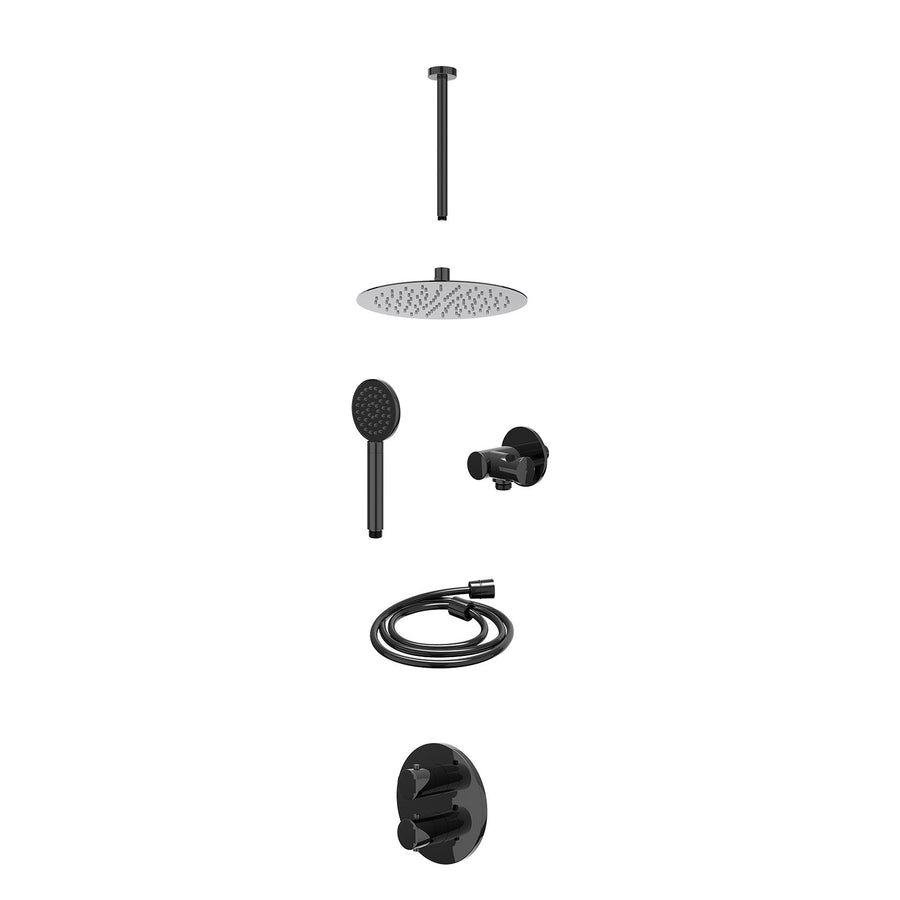 IVY Excl. inbouwbox regendoucheset inbouwthermostaatkraan met 2-weg stop-omstel, plafondbuis 30cm, R25cmSL, verstelbare steun met geïnt. uitlaat, doucheslang 150cm en satin spray h