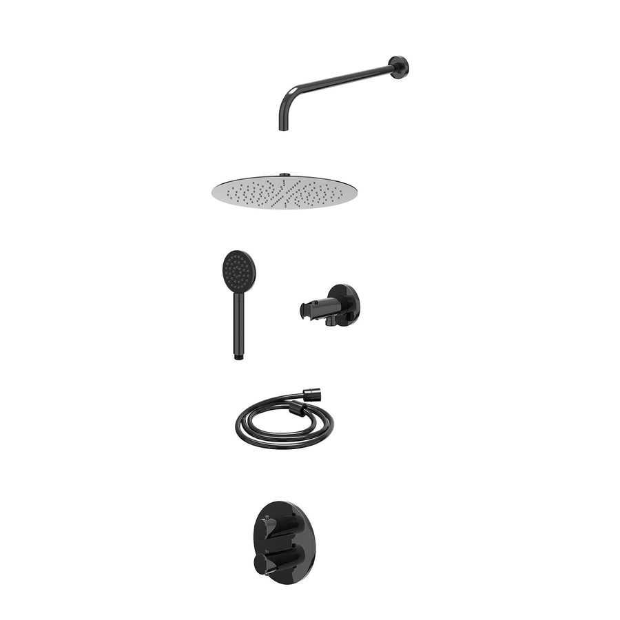 IVY Excl. inbouwbox regendoucheset inbouwthermostaatkraan met 2-weg stop-omstel, wandarm, R30cmSL, houder met uitlaat, doucheslang 150cm en satin spray handdouche – Zwart chroom PV