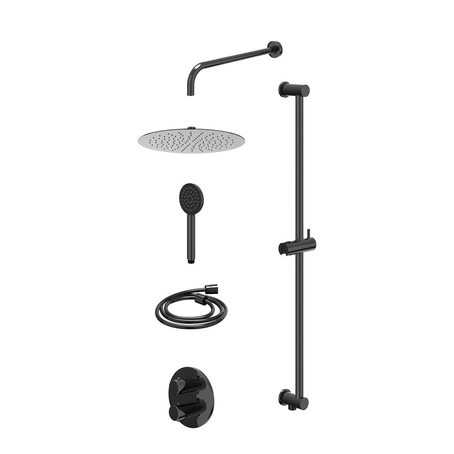 IVY Excl. inbouwbox regendoucheset inbouwthermostaatkraan met 2-weg stop-omstel, wandarm, R30cmSL, glijstang met uitlaat, doucheslang 150cm en satin spray handdouche – Zwart chroom