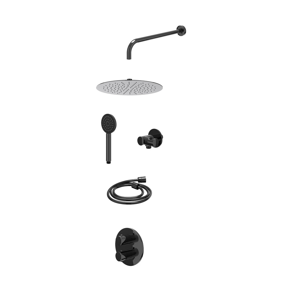 IVY Excl. inbouwbox regendoucheset inbouwthermostaatkraan met 2-weg stop-omstel, wandarm, R30cmSL, verstelbare steun met geïnt. uitlaat, doucheslang 150cm en satin spray handdouche