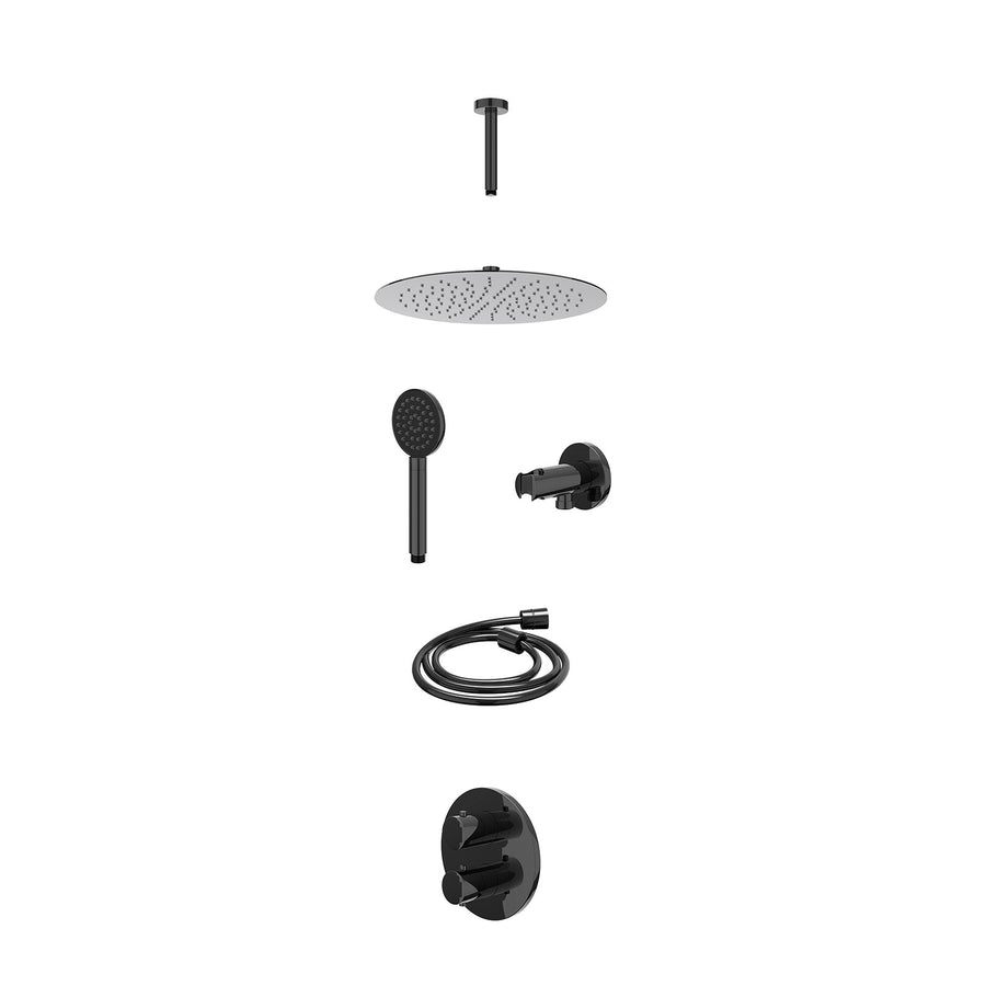 IVY Excl. inbouwbox regendoucheset inbouwthermostaatkraan met 2-weg stop-omstel, plafondbuis 15cm, R30cmSL, houder met uitlaat, doucheslang 150cm en satin spray handdouche – Zwart 