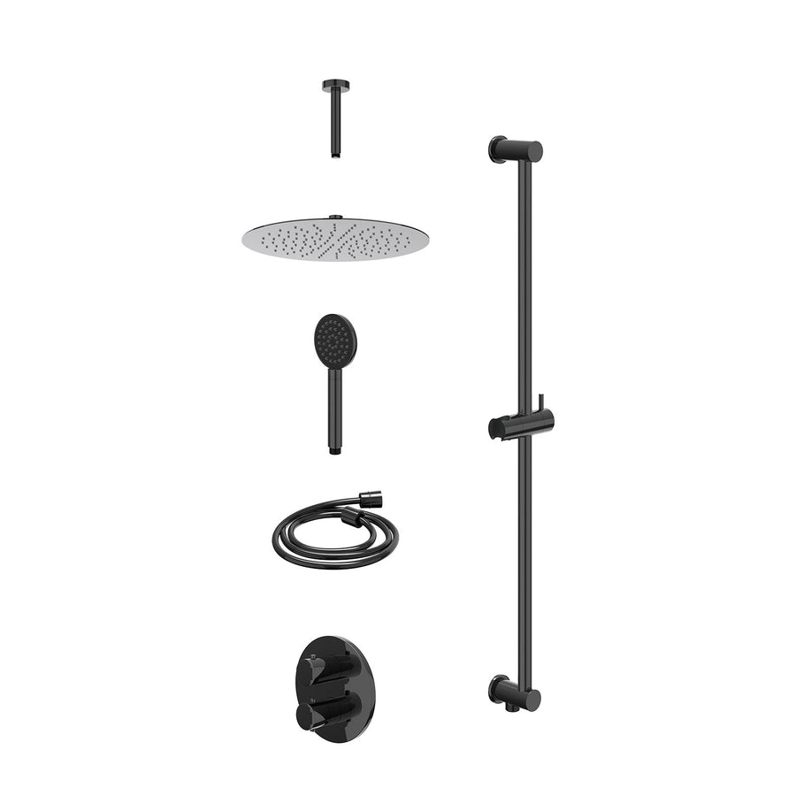 IVY Excl. inbouwbox regendoucheset inbouwthermostaatkraan met 2-weg stop-omstel, plafondbuis 15cm, R30cmSL, glijstang met uitlaat, doucheslang 150cm en satin spray handdouche – Zwa