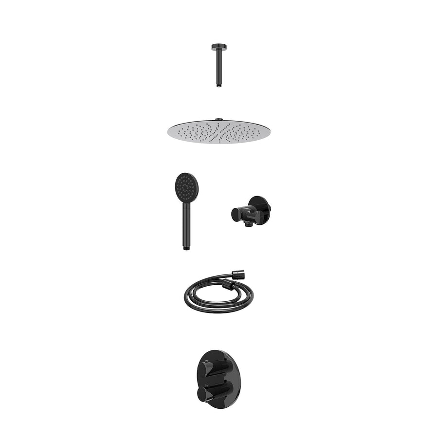 IVY Excl. inbouwbox regendoucheset inbouwthermostaatkraan met 2-weg stop-omstel, plafondbuis 15cm, R30cmSL, verstelbare steun met geïnt. uitlaat, doucheslang 150cm en satin spray h