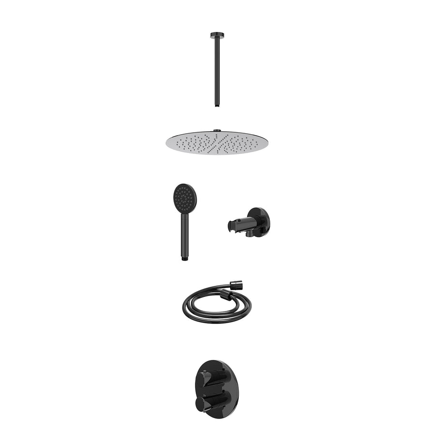IVY Excl. inbouwbox regendoucheset inbouwthermostaatkraan met 2-weg stop-omstel, plafondbuis 30cm, R30cmSL, houder met uitlaat, doucheslang 150cm en satin spray handdouche – Zwart 