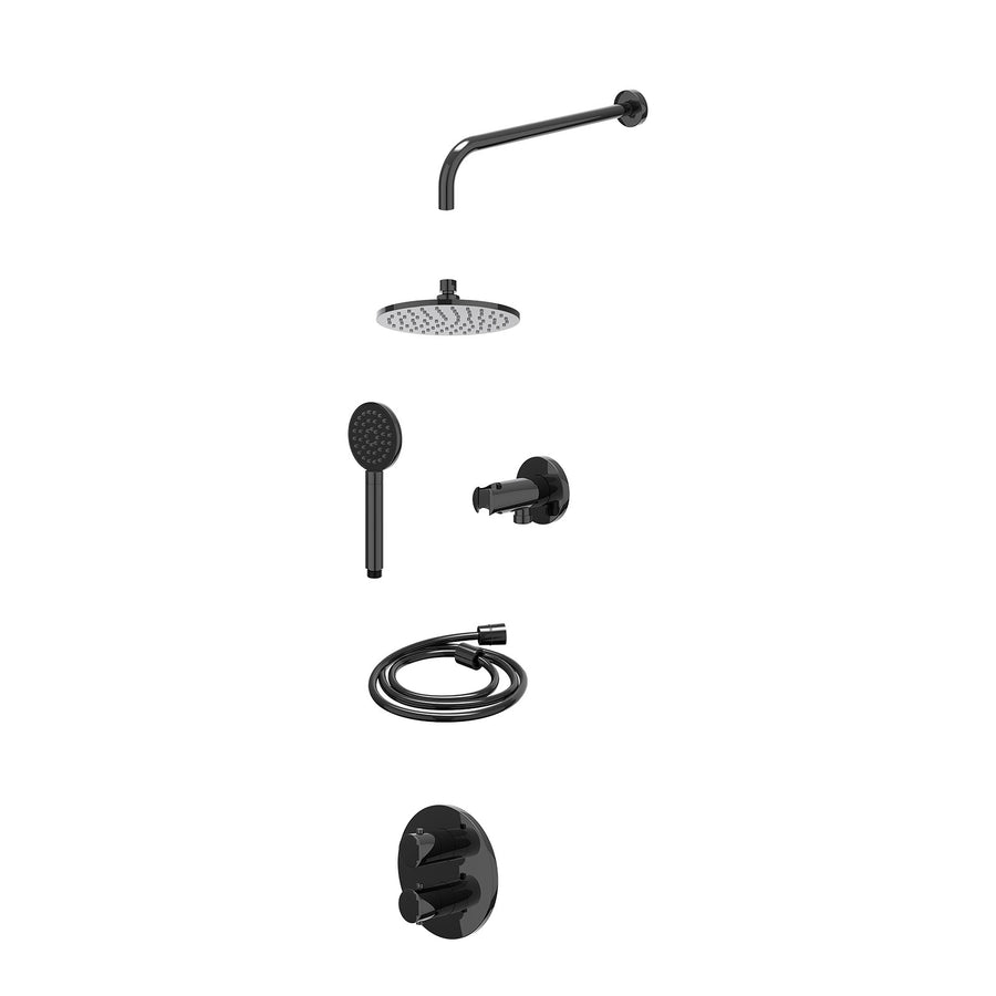 IVY Excl. inbouwbox regendoucheset inbouwthermostaatkraan met 2-weg stop-omstel, wandarm, R20cmME, houder met uitlaat, doucheslang 150cm en satin spray handdouche – Zwart chroom PV