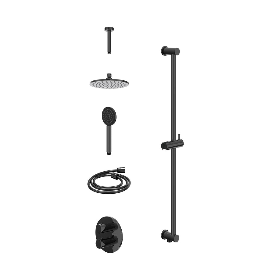 IVY Excl. inbouwbox regendoucheset inbouwthermostaatkraan met 2-weg stop-omstel, plafondbuis 15cm, R20cmME, glijstang met uitlaat, doucheslang 150cm en satin spray handdouche – Zwa