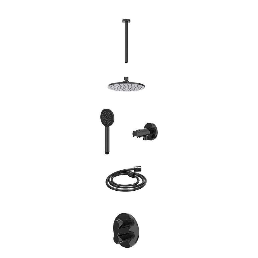 IVY Excl. inbouwbox regendoucheset inbouwthermostaatkraan met 2-weg stop-omstel, plafondbuis 30cm, R20cmME, houder met uitlaat, doucheslang 150cm en satin spray handdouche – Zwart 