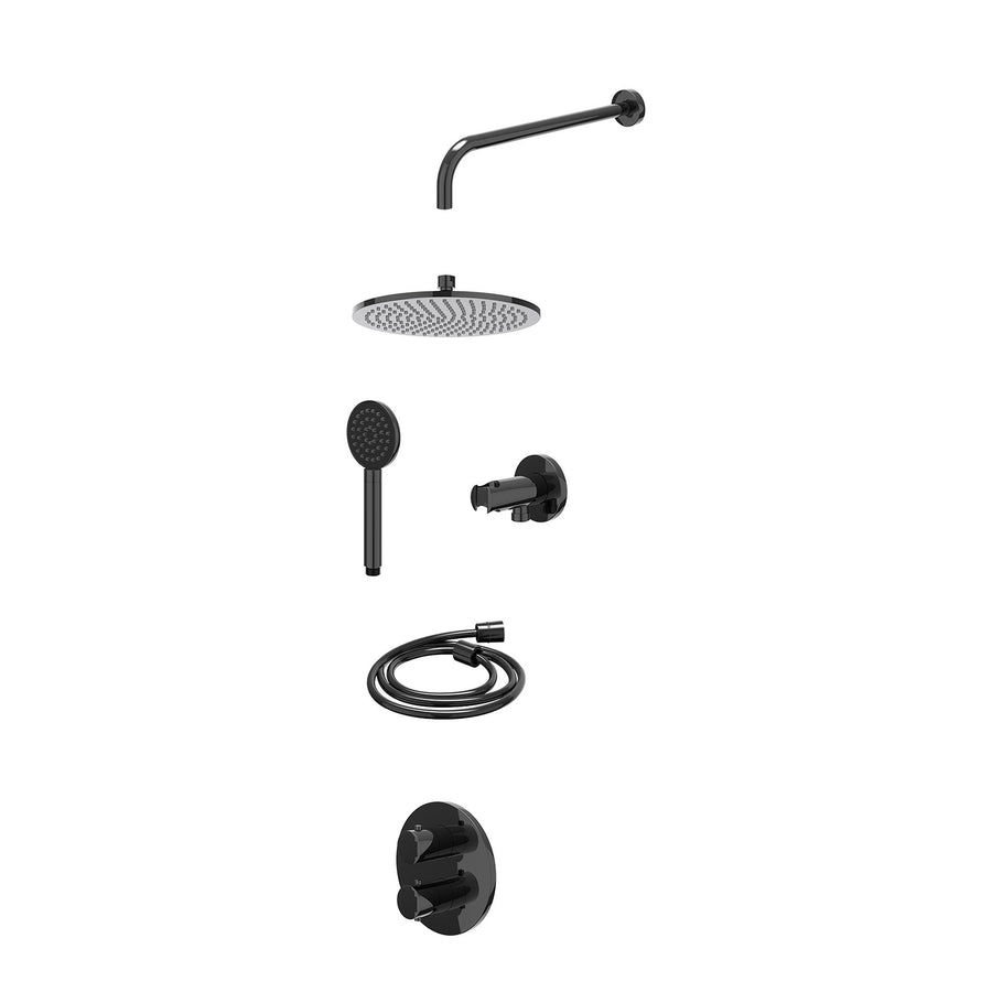 IVY Excl. inbouwbox regendoucheset inbouwthermostaatkraan met 2-weg stop-omstel, wandarm, R25cmME, houder met uitlaat, doucheslang 150cm en satin spray handdouche – Zwart chroom PV