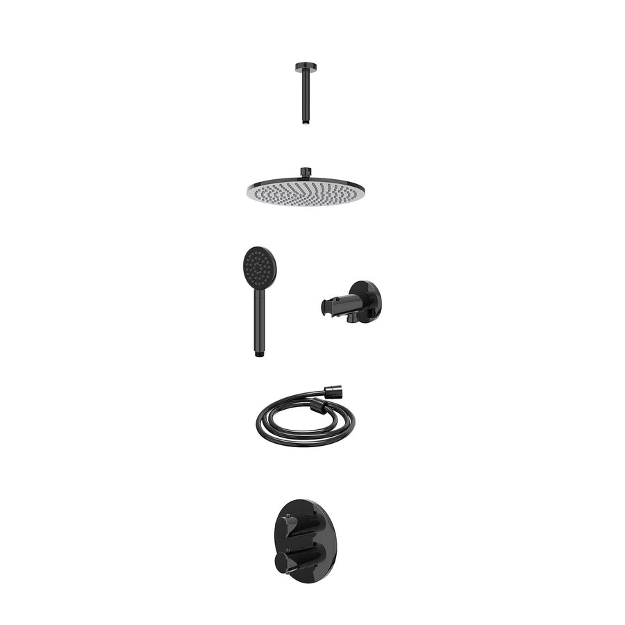 IVY Excl. inbouwbox regendoucheset inbouwthermostaatkraan met 2-weg stop-omstel, plafondbuis 15cm, R25cmME, houder met uitlaat, doucheslang 150cm en satin spray handdouche – Zwart 